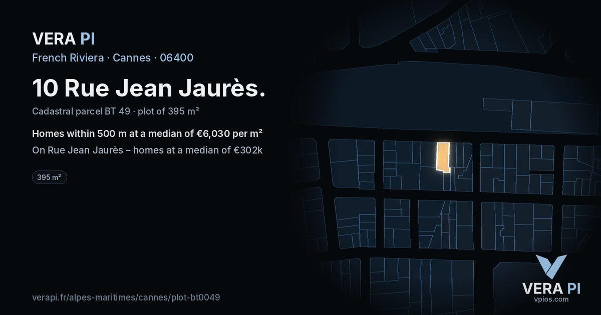 10 Rue Jean Jaurès, Cannes at night – the plot lit, the parcels around coloured by the prices near them