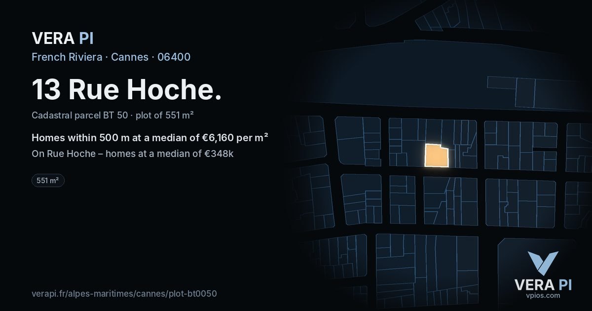 13 Rue Hoche, Cannes at night – the plot lit, the parcels around coloured by the prices near them