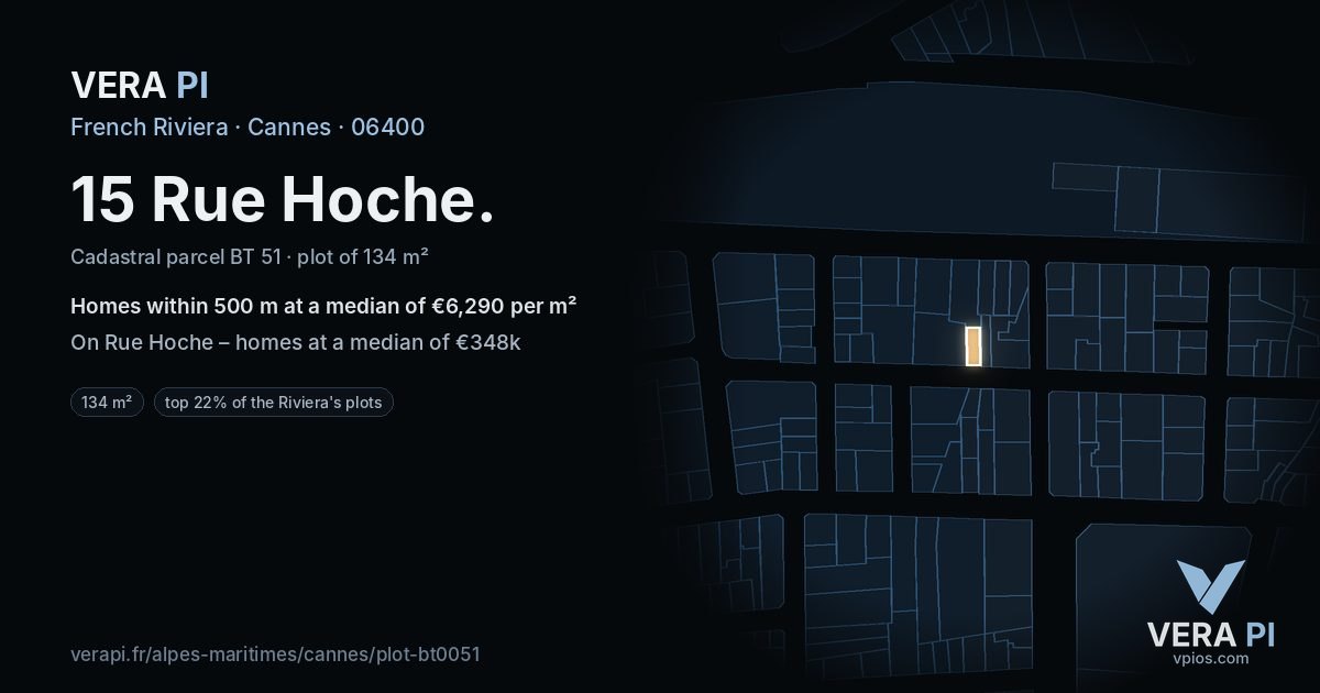 15 Rue Hoche, Cannes at night – the plot lit, the parcels around coloured by the prices near them