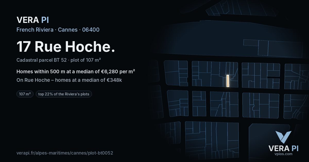 17 Rue Hoche, Cannes at night – the plot lit, the parcels around coloured by the prices near them