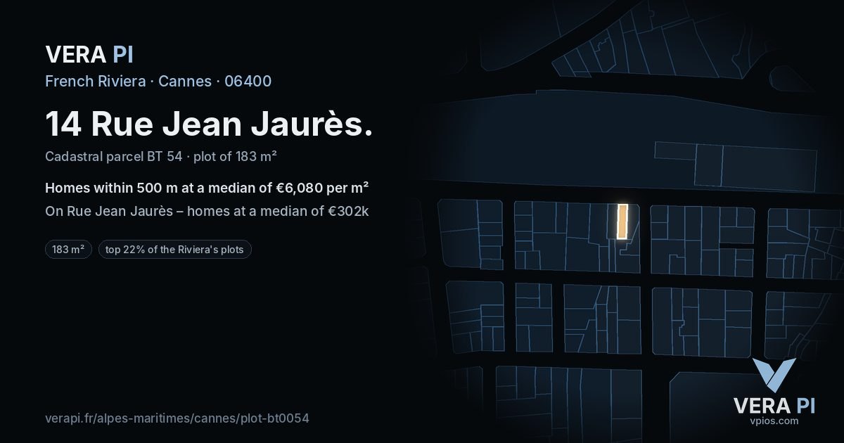 14 Rue Jean Jaurès, Cannes at night – the plot lit, the parcels around coloured by the prices near them