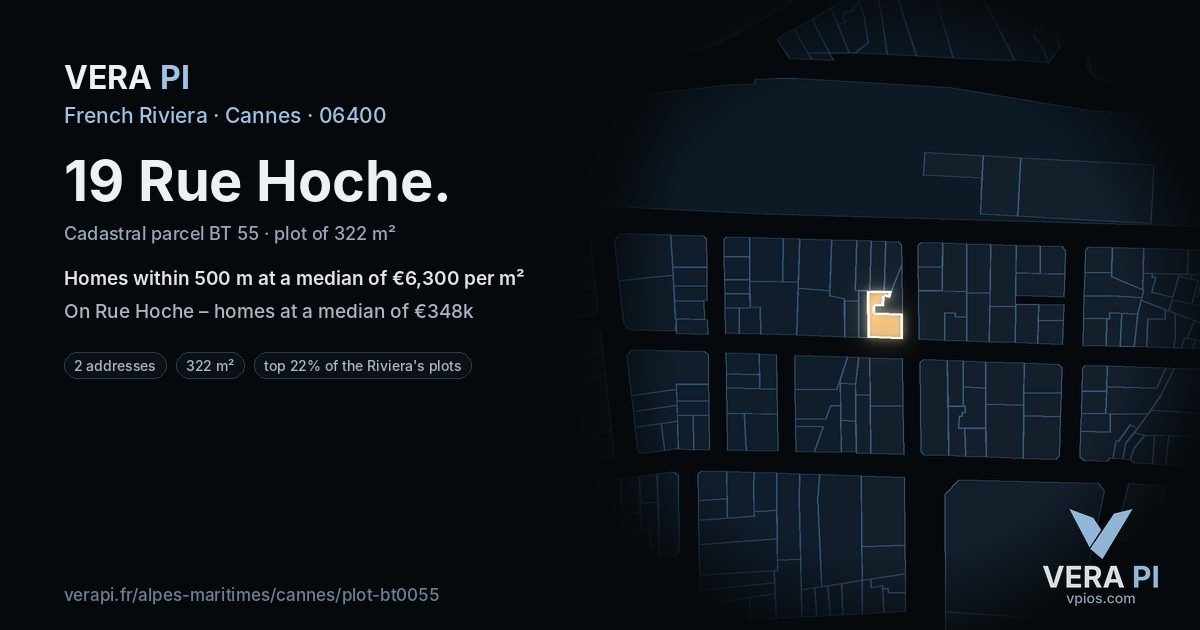 19 Rue Hoche, Cannes at night – the plot lit, the parcels around coloured by the prices near them