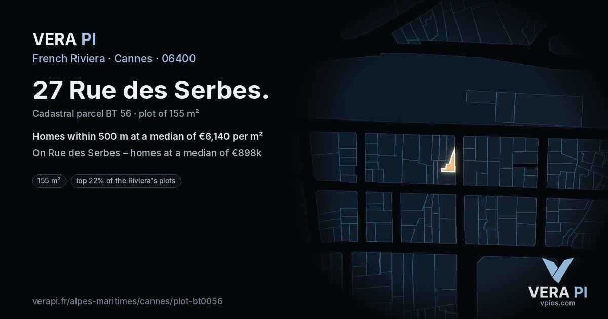 27 Rue des Serbes, Cannes at night – the plot lit, the parcels around coloured by the prices near them