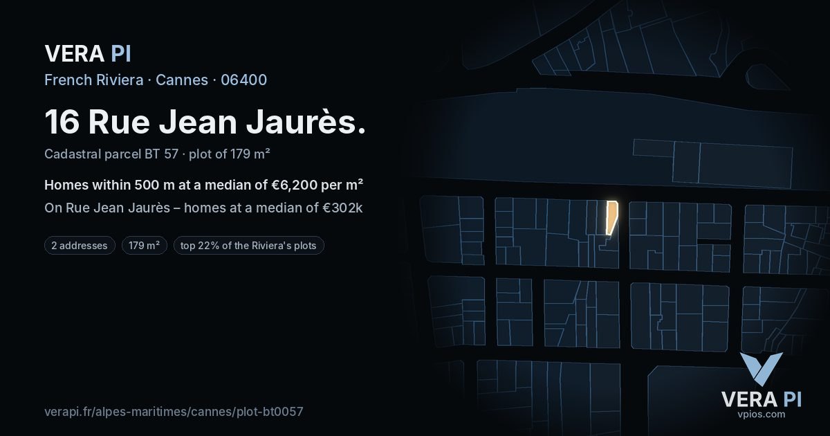 16 Rue Jean Jaurès, Cannes at night – the plot lit, the parcels around coloured by the prices near them