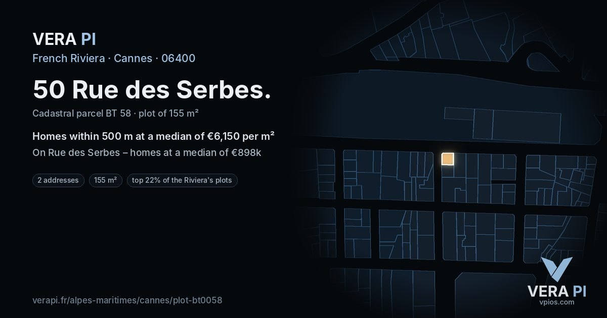 50 Rue des Serbes, Cannes at night – the plot lit, the parcels around coloured by the prices near them