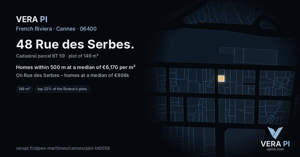 48 Rue des Serbes, Cannes at night – the plot lit, the parcels around coloured by the prices near them