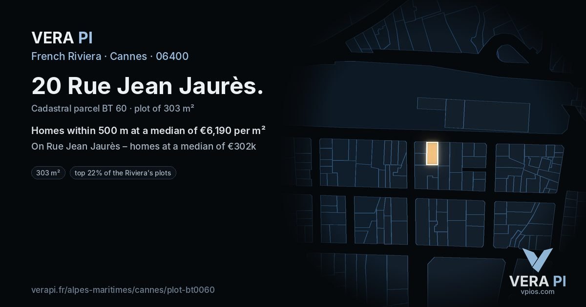 20 Rue Jean Jaurès, Cannes at night – the plot lit, the parcels around coloured by the prices near them