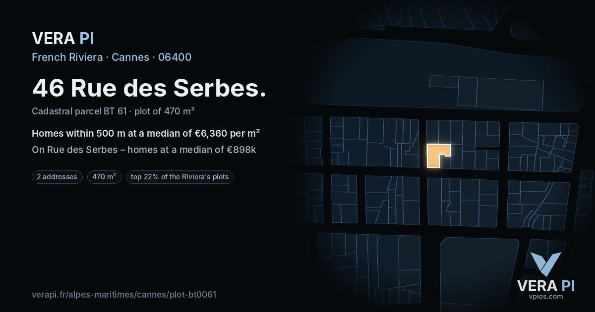46 Rue des Serbes, Cannes at night – the plot lit, the parcels around coloured by the prices near them