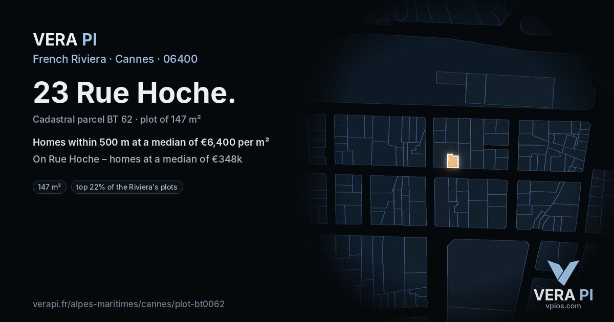 23 Rue Hoche, Cannes at night – the plot lit, the parcels around coloured by the prices near them