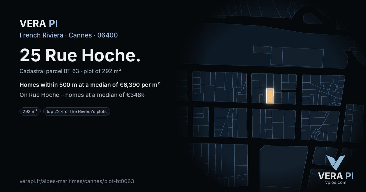 25 Rue Hoche, Cannes at night – the plot lit, the parcels around coloured by the prices near them