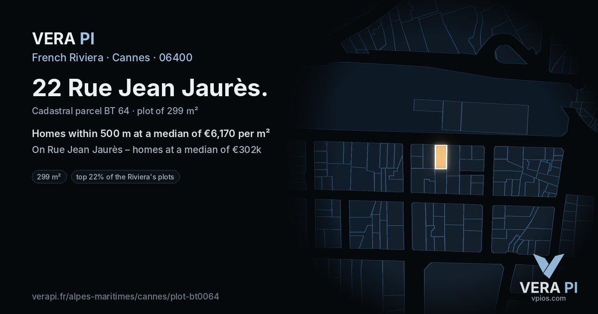 22 Rue Jean Jaurès, Cannes at night – the plot lit, the parcels around coloured by the prices near them