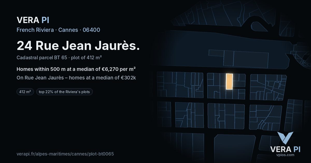 24 Rue Jean Jaurès, Cannes at night – the plot lit, the parcels around coloured by the prices near them