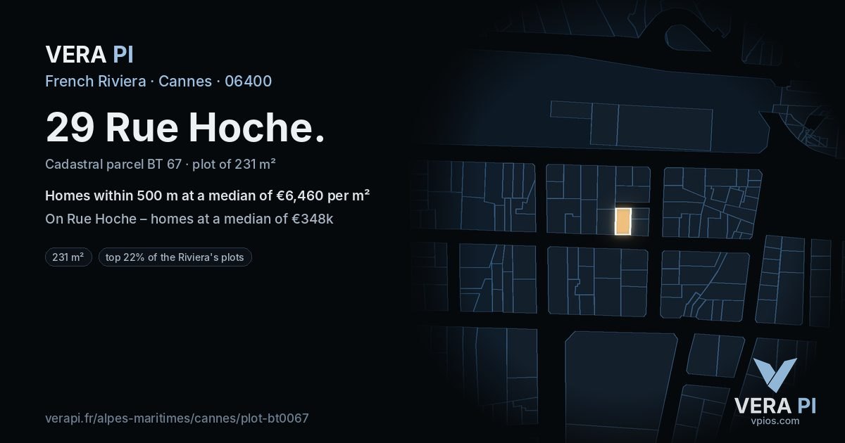 29 Rue Hoche, Cannes at night – the plot lit, the parcels around coloured by the prices near them