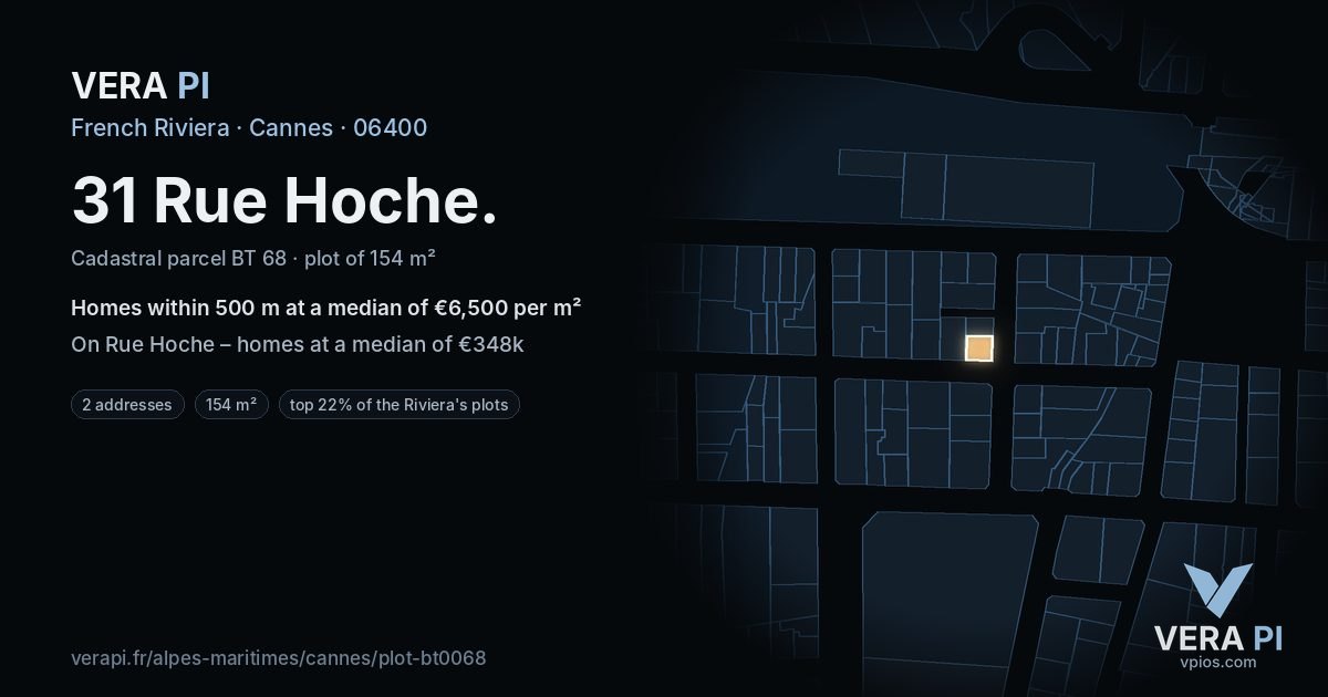 31 Rue Hoche, Cannes at night – the plot lit, the parcels around coloured by the prices near them