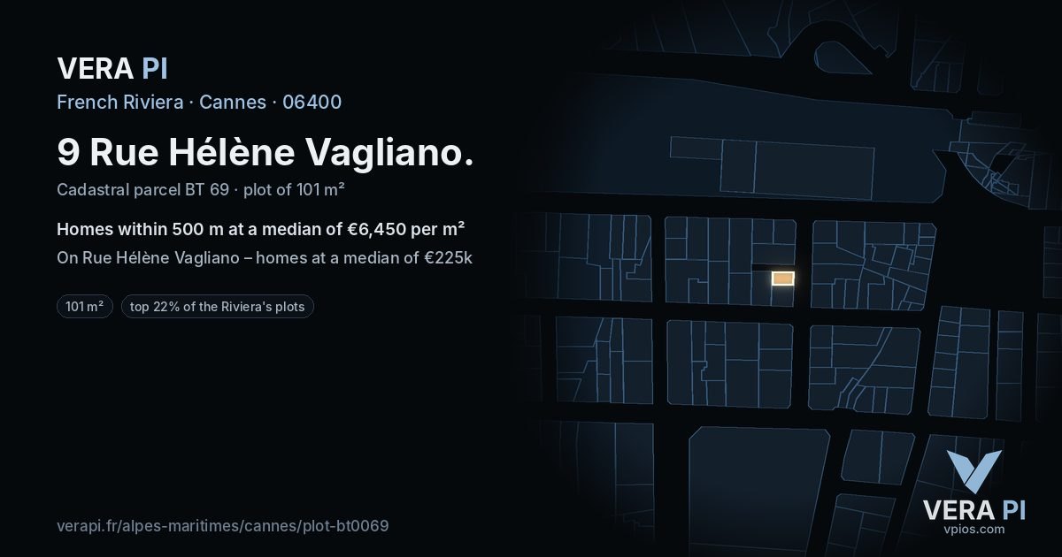 9 Rue Hélène Vagliano, Cannes at night – the plot lit, the parcels around coloured by the prices near them