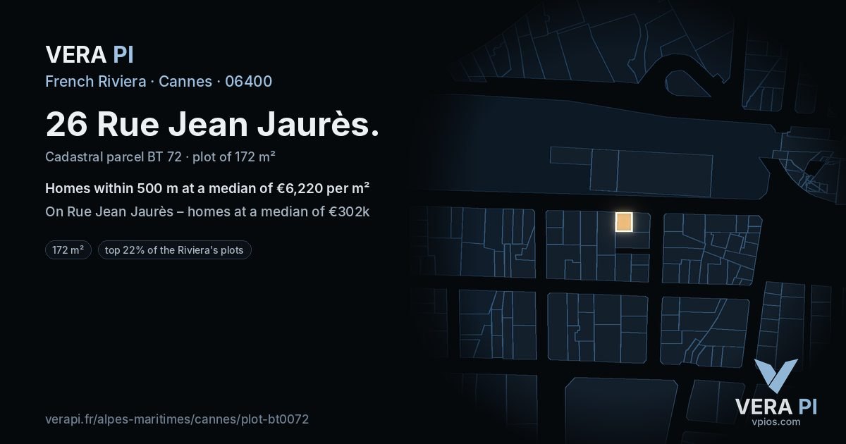 26 Rue Jean Jaurès, Cannes at night – the plot lit, the parcels around coloured by the prices near them
