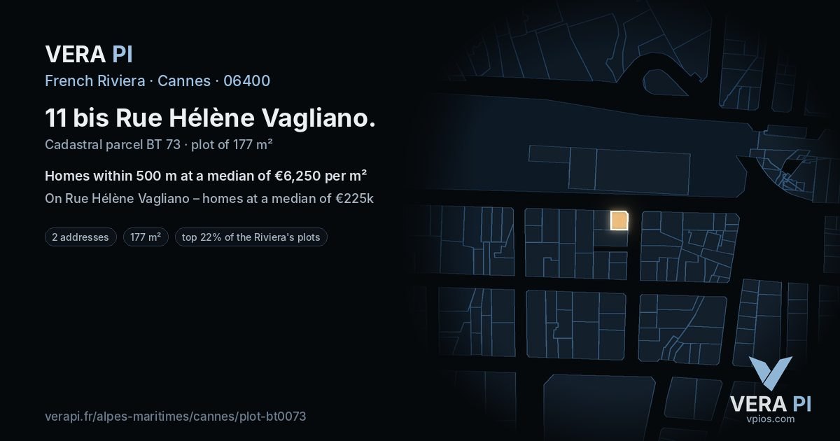 11 bis Rue Hélène Vagliano, Cannes at night – the plot lit, the parcels around coloured by the prices near them