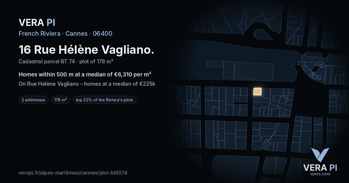 16 Rue Hélène Vagliano, Cannes at night – the plot lit, the parcels around coloured by the prices near them