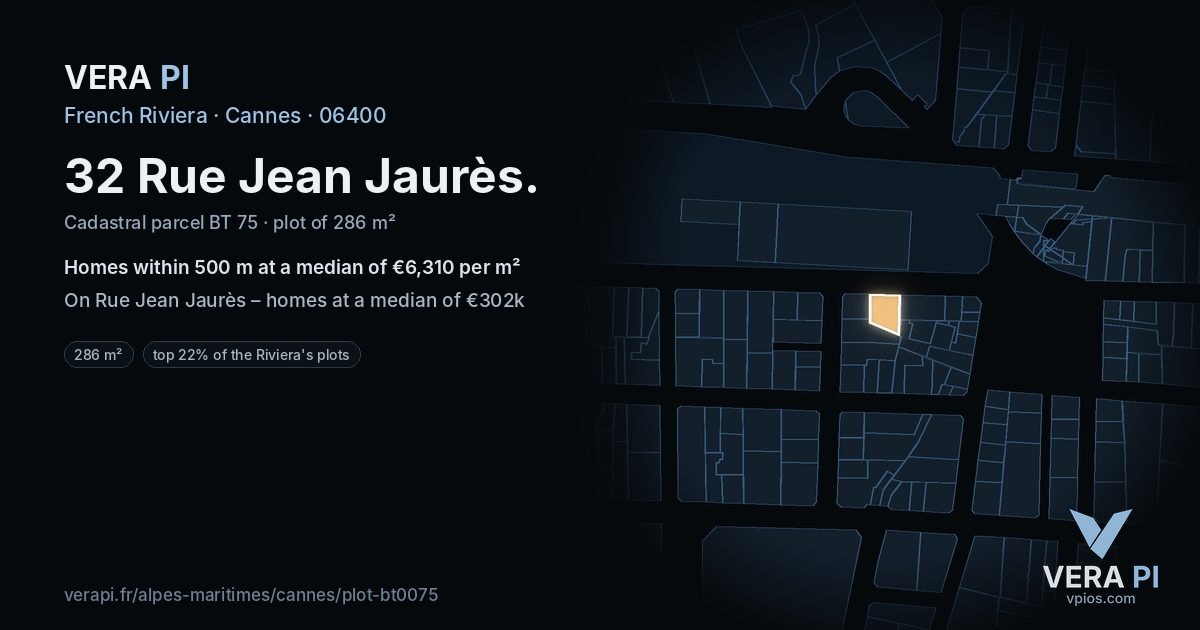 32 Rue Jean Jaurès, Cannes at night – the plot lit, the parcels around coloured by the prices near them