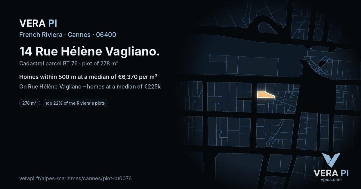 14 Rue Hélène Vagliano, Cannes at night – the plot lit, the parcels around coloured by the prices near them