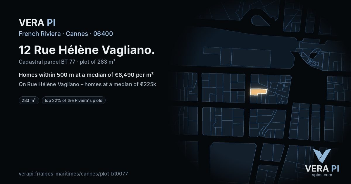 12 Rue Hélène Vagliano, Cannes at night – the plot lit, the parcels around coloured by the prices near them