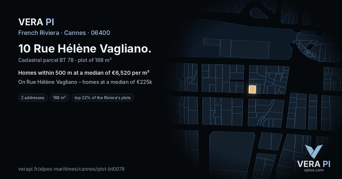 10 Rue Hélène Vagliano, Cannes at night – the plot lit, the parcels around coloured by the prices near them