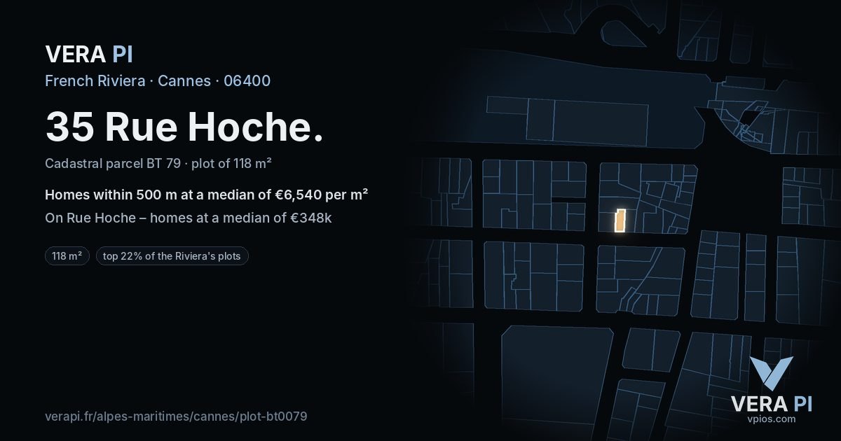 35 Rue Hoche, Cannes at night – the plot lit, the parcels around coloured by the prices near them
