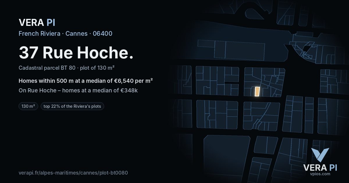 37 Rue Hoche, Cannes at night – the plot lit, the parcels around coloured by the prices near them