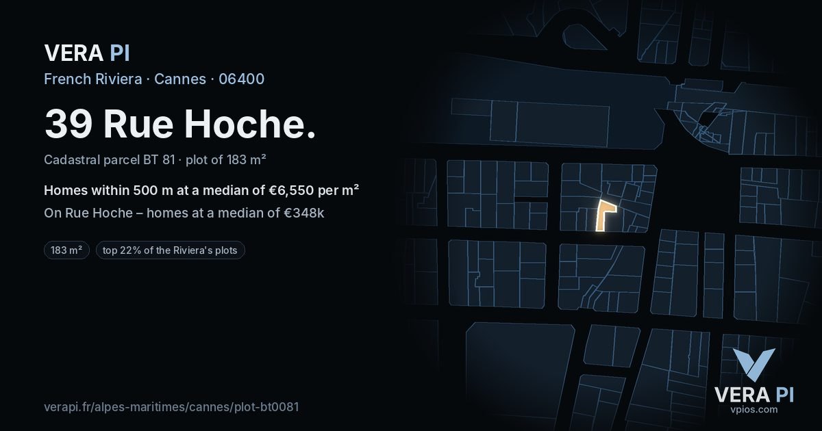 39 Rue Hoche, Cannes at night – the plot lit, the parcels around coloured by the prices near them