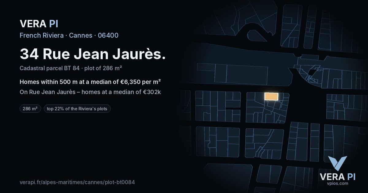 34 Rue Jean Jaurès, Cannes at night – the plot lit, the parcels around coloured by the prices near them