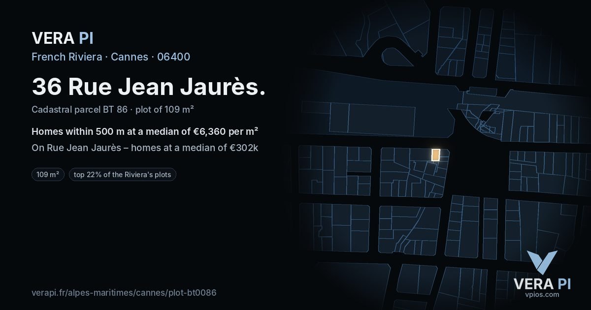 36 Rue Jean Jaurès, Cannes at night – the plot lit, the parcels around coloured by the prices near them