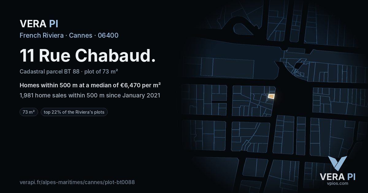 11 Rue Chabaud, Cannes at night – the plot lit, the parcels around coloured by the prices near them