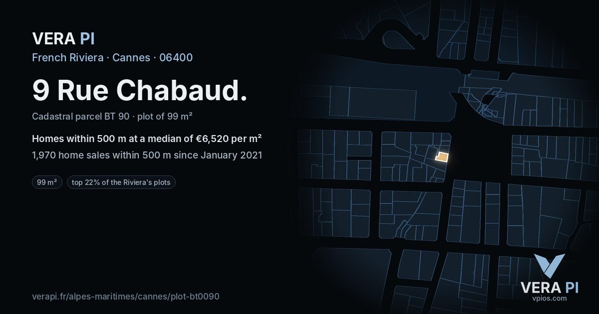 9 Rue Chabaud, Cannes at night – the plot lit, the parcels around coloured by the prices near them