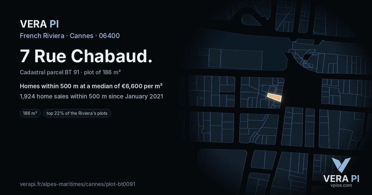7 Rue Chabaud, Cannes at night – the plot lit, the parcels around coloured by the prices near them