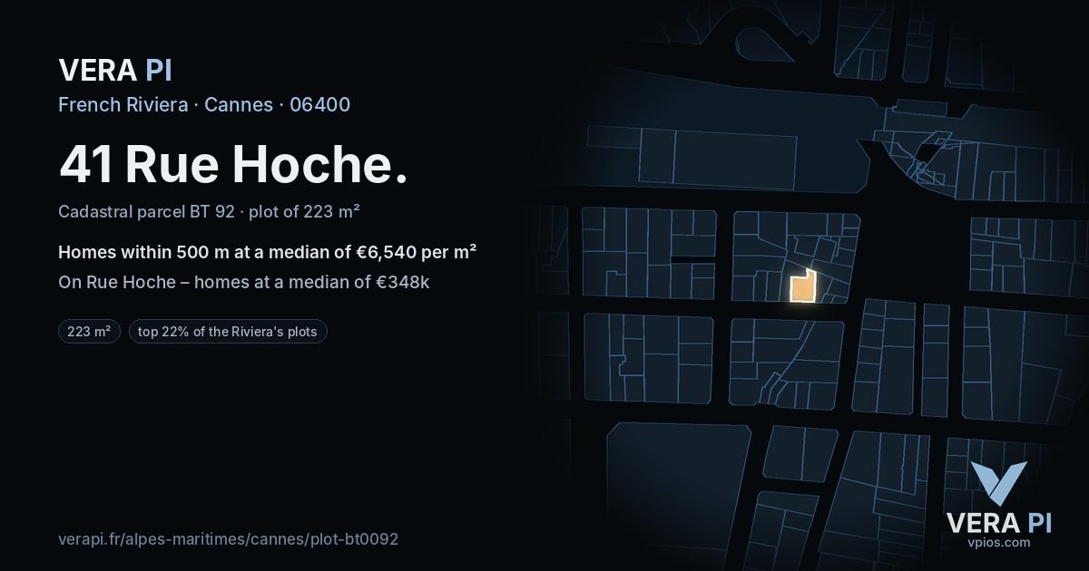 41 Rue Hoche, Cannes at night – the plot lit, the parcels around coloured by the prices near them