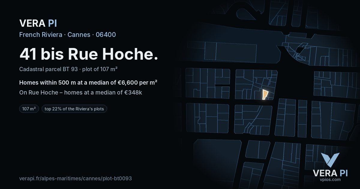 41 bis Rue Hoche, Cannes at night – the plot lit, the parcels around coloured by the prices near them