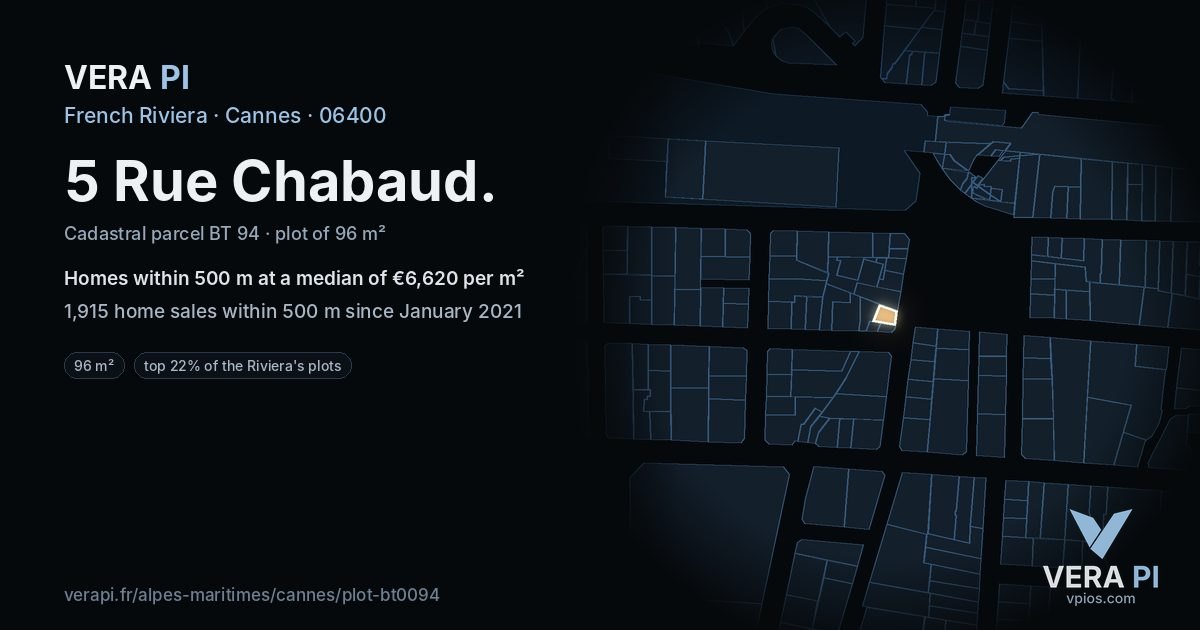 5 Rue Chabaud, Cannes at night – the plot lit, the parcels around coloured by the prices near them