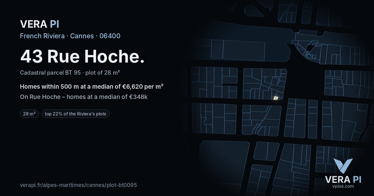 43 Rue Hoche, Cannes at night – the plot lit, the parcels around coloured by the prices near them