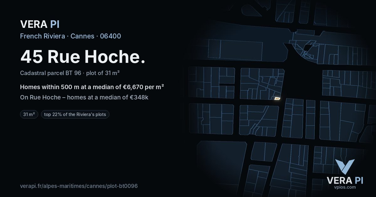 45 Rue Hoche, Cannes at night – the plot lit, the parcels around coloured by the prices near them