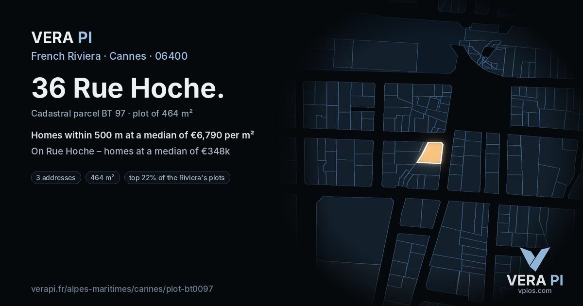 36 Rue Hoche, Cannes at night – the plot lit, the parcels around coloured by the prices near them