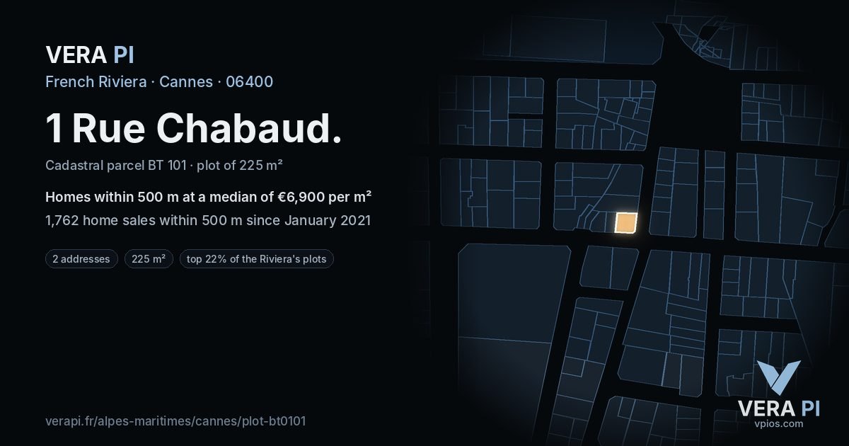 1 Rue Chabaud, Cannes at night – the plot lit, the parcels around coloured by the prices near them