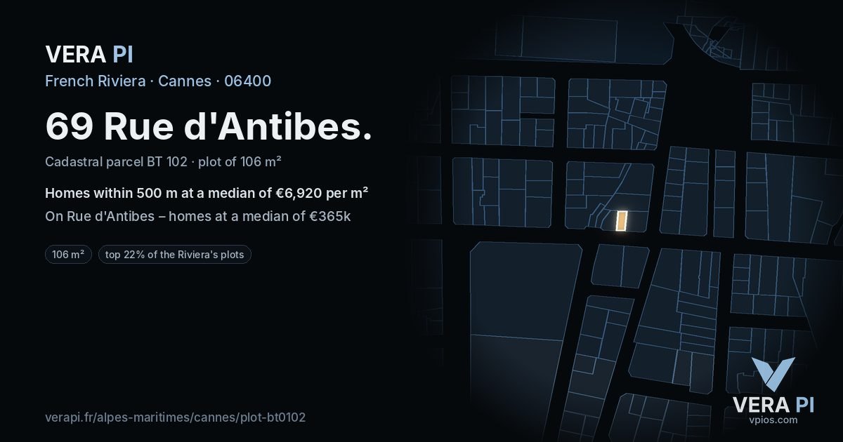 69 Rue d'Antibes, Cannes at night – the plot lit, the parcels around coloured by the prices near them