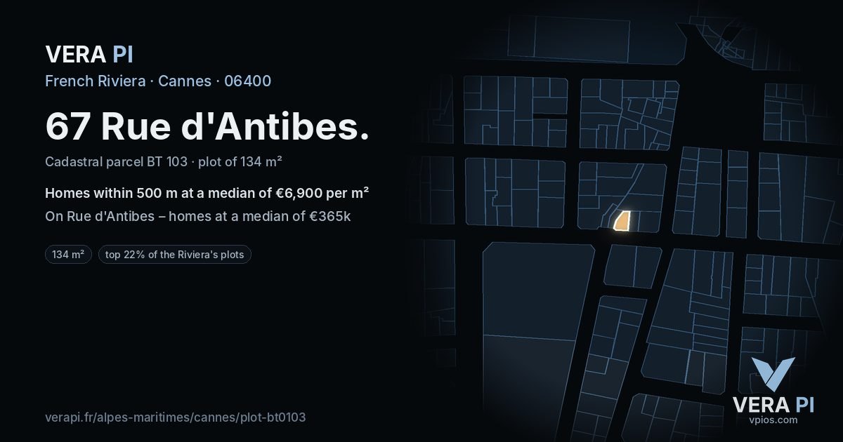 67 Rue d'Antibes, Cannes at night – the plot lit, the parcels around coloured by the prices near them