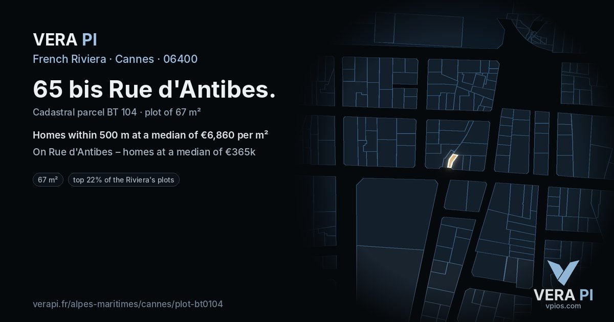 65 bis Rue d'Antibes, Cannes at night – the plot lit, the parcels around coloured by the prices near them