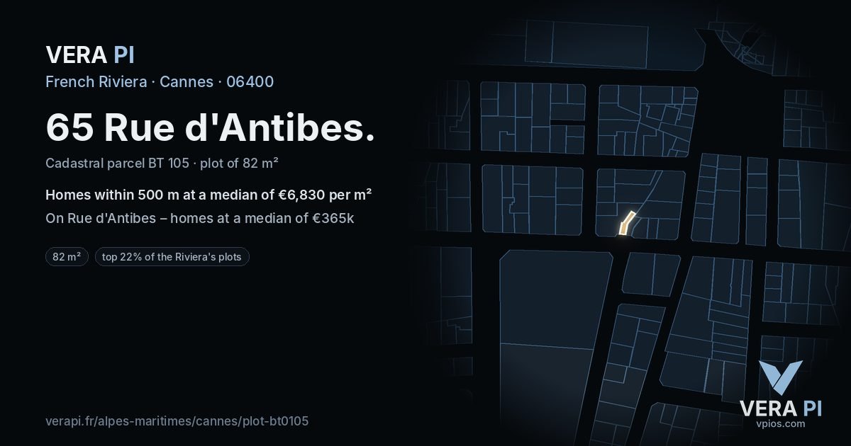 65 Rue d'Antibes, Cannes at night – the plot lit, the parcels around coloured by the prices near them