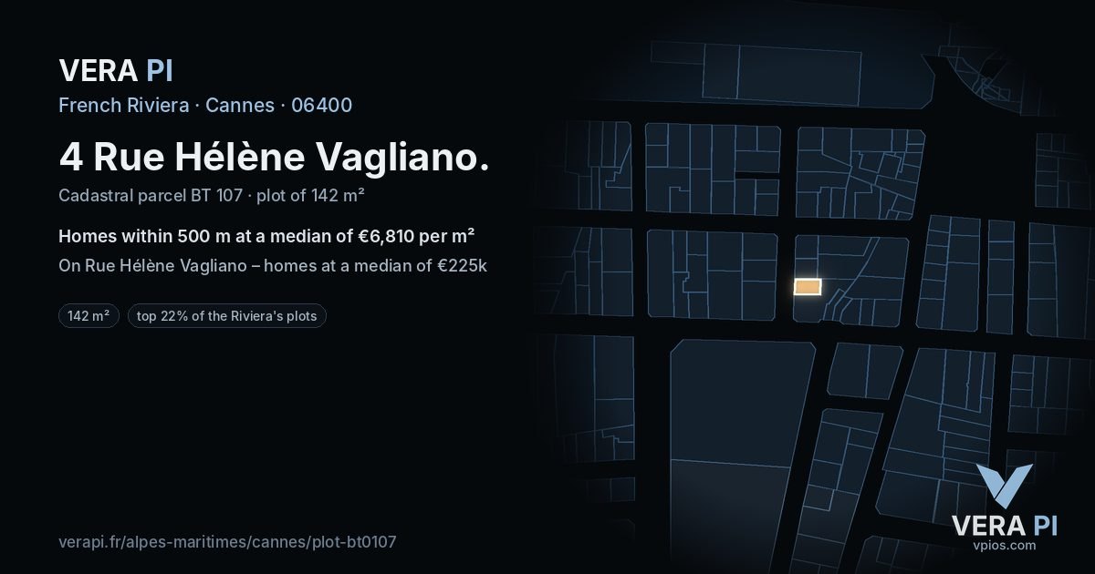 4 Rue Hélène Vagliano, Cannes at night – the plot lit, the parcels around coloured by the prices near them