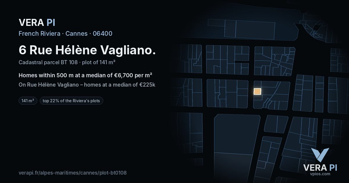 6 Rue Hélène Vagliano, Cannes at night – the plot lit, the parcels around coloured by the prices near them