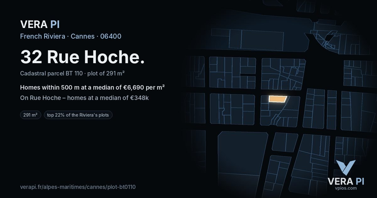 32 Rue Hoche, Cannes at night – the plot lit, the parcels around coloured by the prices near them