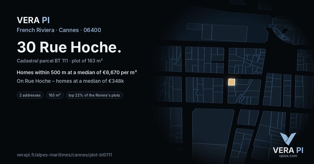 30 Rue Hoche, Cannes at night – the plot lit, the parcels around coloured by the prices near them