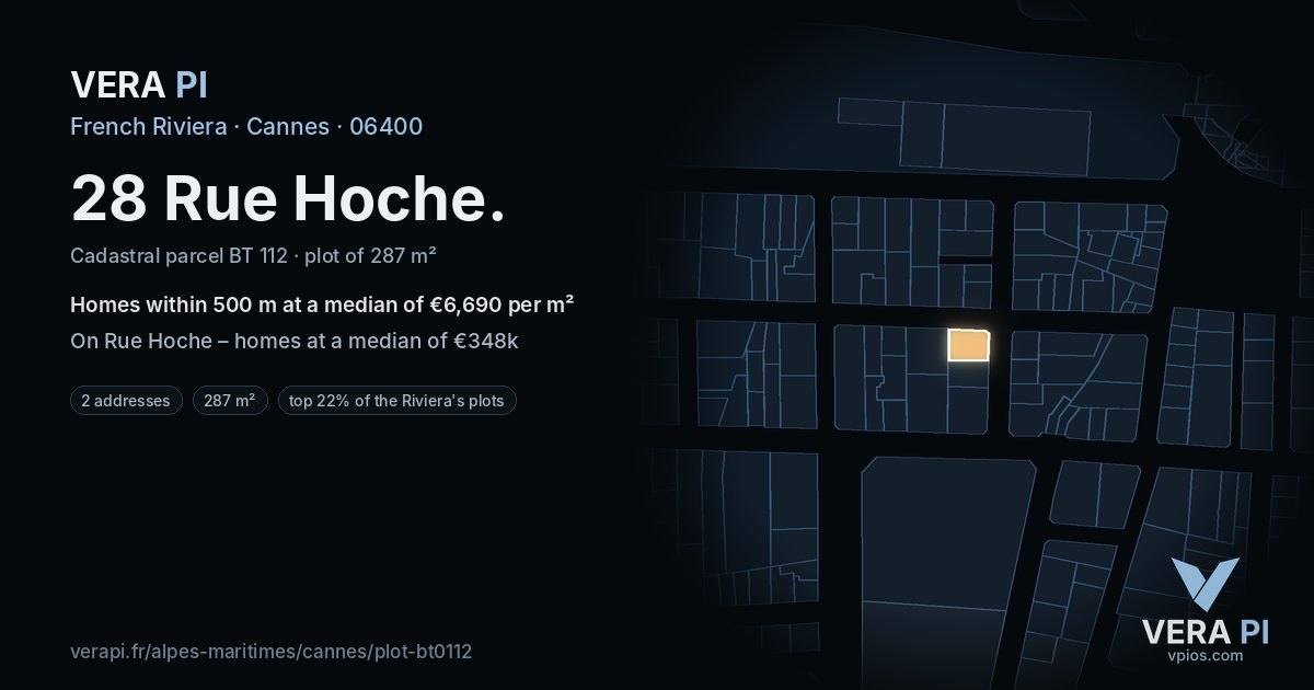 28 Rue Hoche, Cannes at night – the plot lit, the parcels around coloured by the prices near them